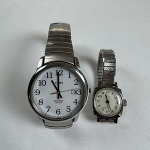 Vintage Timex Men's & Women's Silver Tone Expansion Band Analog Watches Set Of 2
